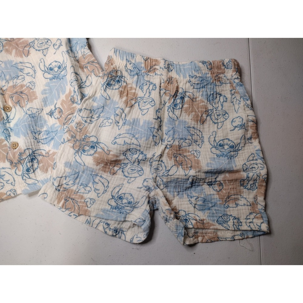 Disney Stitch Kids 2 Piece Cotton Gauze Shirt and Shorts Set White Blue Size 7 - Picture 3 of 4